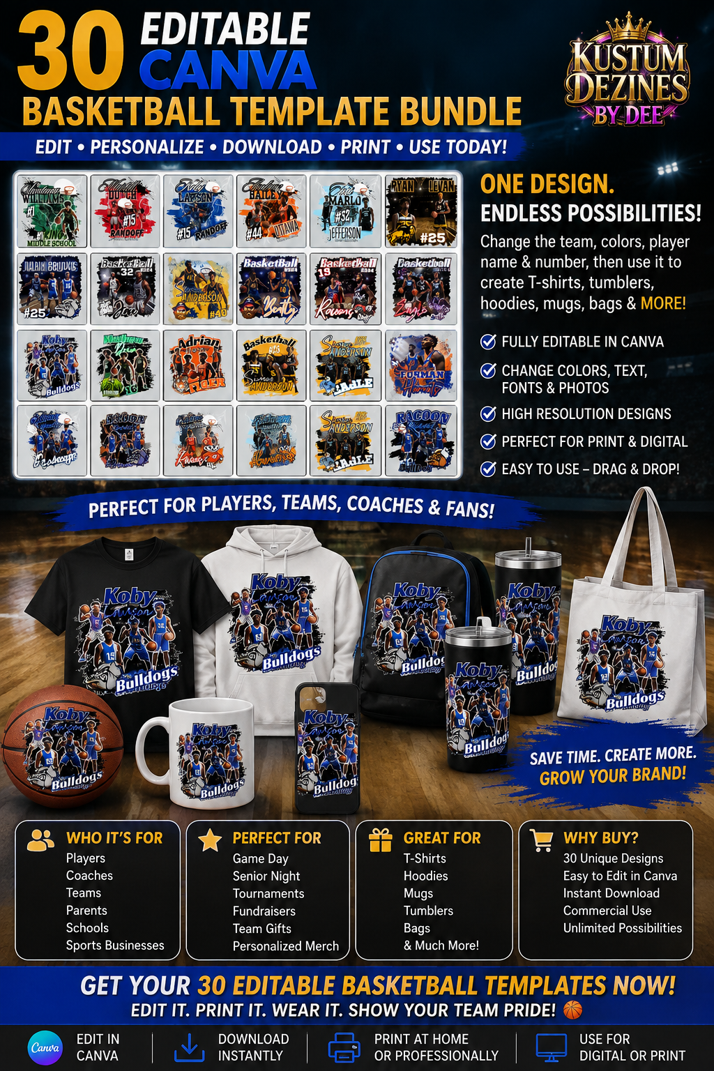 🏀 30 Editable Basketball Canva Templates Bundle | Custom Basketball Designs, Senior Night, Team Shirts &amp; Sports Sublimation Templates