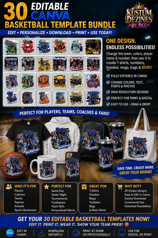 🏀 30 Editable Basketball Canva Templates Bundle | Custom Basketball Designs, Senior Night, Team Shirts &amp; Sports Sublimation Templates