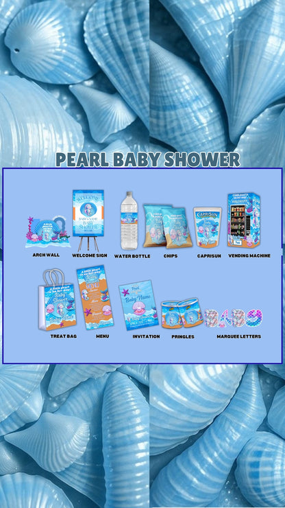 🐚 Luxury Pearl Baby Shower Editable Canva Templates | Under the Sea Baby Shower Party Favor Bundle
