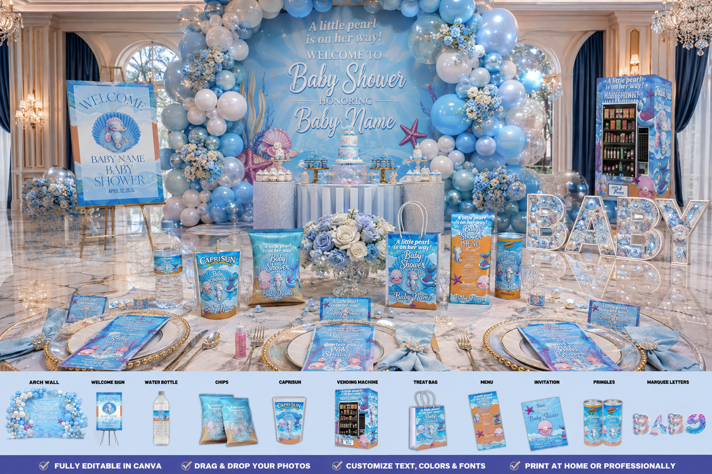 🐚 Luxury Pearl Baby Shower Editable Canva Templates | Under the Sea Baby Shower Party Favor Bundle